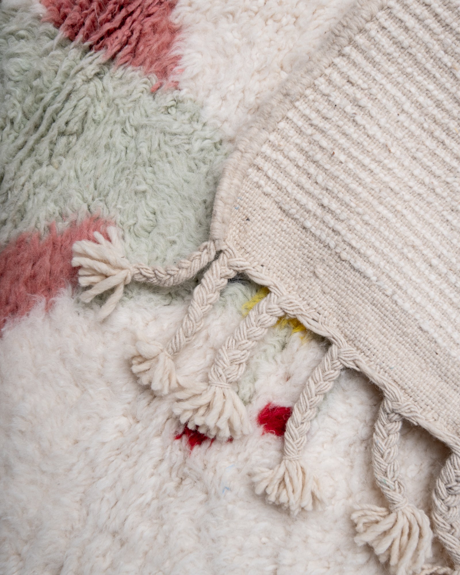 Modern, designer, handcrafted Berber rug from Morocco. Beniourain carpet with beautiful colours and patterns and fluffy wool texture.